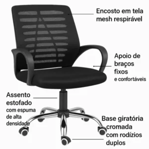 Cadeira de Escritório Executiva Ergonômica com Encosto Mesh e Base Cromada