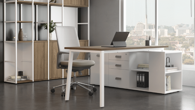 Mesa  diretoria Mob Arq 25 mm  com  armário  lateral